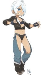 Rule 34 | 1girl, angel (kof), blue eyes, chaps, female focus, fingerless gloves, flat chest, gloves, grin, midriff, navel, satsuyo, short hair, simple background, smile, solo, the king of fighters, white background, white hair, aged down