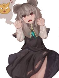 Rule 34 | !, !!, 1girl, absurdres, animal ears, black skirt, black vest, blush, capelet, claw pose, clip studio paint (medium), commentary request, crystal, feet out of frame, grey capelet, grey hair, highres, jewelry, layered clothes, lenserd, long sleeves, looking at viewer, medium hair, mouse ears, mouse girl, nazrin, open mouth, pendant, raised eyebrow, red eyes, sharp teeth, shirt, simple background, skirt, solo, teeth, touhou, vest, white background, white shirt