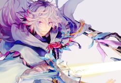 Rule 34 | 1boy, ahoge, bishounen, center frills, eyebrows, fate/grand order, fate (series), flower knot, frills, hair between eyes, hair ornament, holding, holding staff, holding weapon, hood, hood down, hooded robe, long hair, long sleeves, looking at viewer, male focus, merlin (fate), multicolored hair, ootzoo, pink ribbon, purple eyes, ribbon, robe, simple background, smile, solo, staff, sword, tassel, turtleneck, two-tone hair, upper body, very long hair, weapon, white background, white hair, white robe, wide sleeves