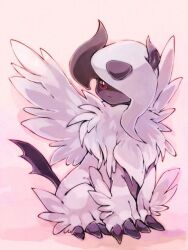 Rule 34 | absol, asymmetrical horns, bad id, bad pixiv id, claws, closed mouth, creatures (company), game freak, gen 3 pokemon, hair over one eye, horns, mega absol, mega pokemon, nintendo, no humans, papiko (tsuzukick), pink background, pokemon, pokemon (creature), red eyes, simple background, tail, white fur, white wings, wings