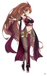 Rule 34 | 1girl, absurdly long hair, anklet, armpits, barefoot, big hair, bikini, black pantyhose, blush, bodystocking, bracelet, breasts, bridal gauntlets, choker, circlet, cleavage, commentary, cosplay, dorothea arnault, dorothea arnault (cosplay), english commentary, fire emblem, fire emblem: mystery of the emblem, fire emblem: three houses, fire emblem awakening, fire emblem heroes, gem, gold choker, green gemstone, halterneck, highres, hip armor, jewelry, linde (fire emblem), linea alba, long hair, looking at viewer, medium breasts, navel, nintendo, official alternate costume, outstretched arm, pantyhose, pelvic curtain, ponytail, red sash, sash, shadow, signature, simple background, solo, swimsuit, therrao, thigh strap, thighs, tiptoes, two-tone bikini, very long hair, watermark, white background