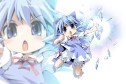 Rule 34 | 1girl, barefoot, bloomers, cirno, dress, embodiment of scarlet devil, female focus, gradient background, ham (points), ice, solo, touhou, underwear, white background, zoom layer