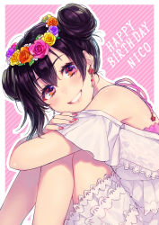 Rule 34 | 10s, 1girl, alternate hairstyle, blush, character name, crossed arms, diagonal stripes, double bun, dress, earrings, flower, flower earrings, from side, grin, hair bun, happy birthday, head wreath, highres, jewelry, knees up, looking at viewer, love live!, love live! school idol festival, love live! school idol project, nail polish, orange flower, orange rose, outline, pink background, pink flower, pink rose, purple flower, purple rose, red eyes, red nails, rose, sitting, smile, solo, striped, striped background, sudach koppe, white dress, white outline, yazawa nico, yellow flower, yellow rose