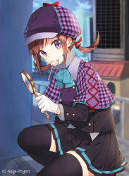 Rule 34 | 10s, 1girl, ange vierge, black thighhighs, brown hair, buttons, candy, capelet, deerstalker, detective, double-breasted, food, gloves, hat, inverness cape, lollipop, looking at viewer, magnifying glass, midorikawa you, mouth hold, pleated skirt, purple eyes, skirt, solo, striped edge, thighhighs, twintails, white gloves