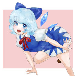 Rule 34 | 1girl, :d, aqua hair, blue eyes, bow, cirno, crystal, dress, female focus, hair bow, ice, nobody-knows, open mouth, short dress, short hair, smile, solo, touhou