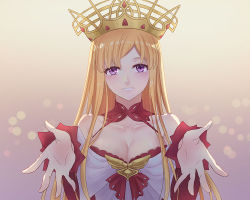Rule 34 | 1girl, bare shoulders, blush, breasts, cleavage, collarbone, crown, detached collar, elsa (g557744), europa (fate), fate/grand order, fate (series), frilled sleeves, frills, large breasts, long hair, looking at viewer, purple eyes, sidelocks, smile, solo, upper body