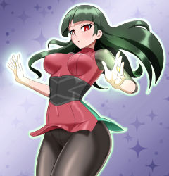 Rule 34 | 1girl, blunt bangs, blush, breasts, covered erect nipples, cowboy shot, creatures (company), game freak, green hair, gym leader, highres, impossible clothes, jewelry, large breasts, long hair, nintendo, pantyhose, pokemon, pokemon lgpe, red eyes, ring, sabrina (pokemon), solo, yensh