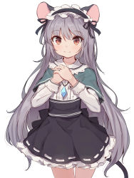 Rule 34 | 1girl, :3, adapted costume, alternate hair length, alternate hairstyle, animal ears, black skirt, brown eyes, capelet, commentary, cowboy shot, english commentary, frills, grey hair, headdress, high-waist skirt, highres, jewelry, long hair, long sleeves, looking at viewer, mouse ears, mouse tail, nazrin, own hands together, pendant, ring, shirt, shone, simple background, skirt, smile, solo, tail, touhou, very long hair, wedding band, white background, white shirt