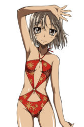 Rule 34 | 1girl, 428, arm up, armpits, breasts, brown eyes, brown hair, canaan (character), canaan (series), chunsoft, cowboy shot, female focus, navel, o-ring, o-ring top, one-piece swimsuit, onizuka takuto, simple background, small breasts, smile, solo, swimsuit, white background