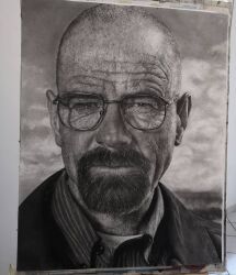 Rule 34 | 1boy, bald, beard, breaking bad, charcoal (medium), closed mouth, commentary, english commentary, expressionless, facial hair, glasses, goatee, graphite (medium), greyscale, highres, looking at viewer, male focus, monochrome, old, old man, photo-referenced, photo (medium), photorealistic, portrait, realistic, simone mulas, solo, traditional media, walter white