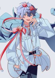 Rule 34 | 1boy, :d, absurdres, arm at side, belt, bishounen, black pants, blue eyes, choker, cowboy shot, crescent choker, double-parted bangs, dress shirt, ensemble stars!, frilled sleeves, frills, gold trim, grey hair, hair between eyes, hand on own cheek, hand on own face, hand up, head wreath, heidbd, high-low shirt, highres, jacket, jacket on shoulders, jaggy lines, light blush, long sleeves, looking at viewer, male focus, o-ring, o-ring belt, open mouth, pants, pink choker, pleated shirt, puffy long sleeves, puffy sleeves, sena izumi (ensemble stars!), shirt, short hair, sideways glance, simple background, sleeves past wrists, smile, solo, standing, tassel choker, three quarter view, white background, wind