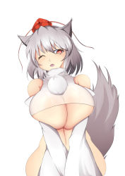 Rule 34 | 1girl, animal ears, bare shoulders, blush, bottomless, breasts, detached sleeves, eyebrows, fang, hat, heart, heart-shaped pupils, highres, huge breasts, inubashiri momiji, looking at viewer, navel, one eye closed, open mouth, pom pom (clothes), red eyes, see-through, short hair, silver hair, simple background, solo, symbol-shaped pupils, tail, tokin hat, tongue, touhou, underboob, v arms, white background, wolf ears, wolf tail, yanyan (2617426)