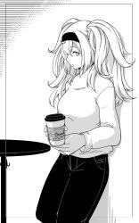 Rule 34 | 1girl, black border, blonde hair, blue eyes, border, breasts, coffee cup, commentary, cup, denim, disposable cup, feet out of frame, fujinoki (horonabe-ken), gambier bay (kancolle), greyscale, hair between eyes, hairband, holding, holding cup, jeans, kantai collection, large breasts, mitsukoshi (department store), monochrome, pants, parted lips, signature, solo, sweater, table, turtleneck, turtleneck sweater, twintails