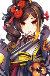Rule 34 | 1girl, black gloves, brown hair, chiori (genshin impact), commentary request, drill hair, genshin impact, gloves, hair ornament, hands up, highres, holding, holding needle, japanese clothes, kimono, mokota, needle, orange eyes, revision, sewing needle, side ponytail, solo, thread, upper body