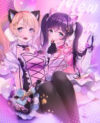 Rule 34 | 2girls, after kiss, animal ears, ayase eli, bad id, bad pixiv id, bell, black legwear, blonde hair, breasts, cat ears, chocolate, choker, collarbone, cross-laced clothes, cross-laced top, elbow gloves, frills, gloves, hair ornament, highres, large breasts, letter hair ornament, lipstick mark, long hair, looking at viewer, love live!, love live! school idol project, mouth hold, multiple girls, neck bell, purple hair, signature, sitting, smile, swept bangs, thighhighs, tojo nozomi, twintails, valentine, white gloves, zawawa (satoukibi1108)
