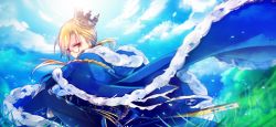 Rule 34 | 1boy, aiguillette, belt, black pants, blonde hair, blue belt, blue cape, cape, cloud, covered mouth, crown, curtained hair, day, feet out of frame, from side, fugou arthur, fur-trimmed cape, fur trim, grass, kai-ri-sei million arthur, kirisame (fukahire oukoku), long hair, looking at viewer, looking to the side, low ponytail, male focus, million arthur (series), monocle, on ground, pants, red eyes, sitting, solo, tilted headwear, wind
