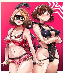 Rule 34 | 2girls, belly, belt, bikini, blush, breasts, brown hair, cameltoe, cleft of venus, crossed arms, feather hair ornament, fukumaaya, highres, large breasts, latex, looking at viewer, mask, multiple girls, niijima makoto, okumura haru, persona, persona 5, red eyes, resized, scarf, skindentation, spikes, swimsuit, thick thighs, thighs, upscaled