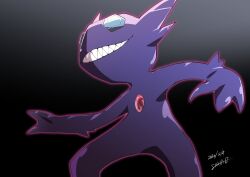 Rule 34 | 2020, creatures (company), dated, game freak, gem, gen 3 pokemon, grin, highres, looking to the side, nintendo, no humans, pokemon, pokemon (creature), sableye, sharp teeth, simple background, smile, solo, standing, teeth, uranosaxia