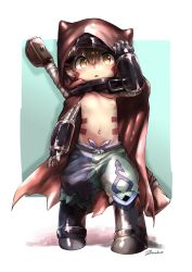 Rule 34 | 1boy, brown hair, cape, child, cloak, commentary request, dark-skinned male, dark skin, facial mark, full body, helmet, highres, hood, hooded cloak, looking at viewer, made in abyss, male focus, mechanical arms, navel, open mouth, pointy ears, regu (made in abyss), short hair, simple background, solo, stomach, stomach tattoo, tattoo, yellow eyes, zxmeko