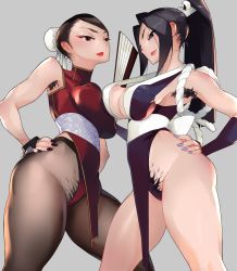 Rule 34 | 2girls, armpit hair, asymmetrical docking, black nails, bracelet, breast press, chinese clothes, eyeshadow, fatal fury, female pubic hair, grey nails, hairy, hand fan, hand on own hip, highres, japanese clothes, jewelry, kimono, lipstick, makeup, moke-re-mubenbe, multiple girls, nail polish, pantyhose, pubic hair, pubic hair peek, shiranui mai, spiked bracelet, spikes, the king of fighters