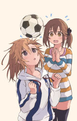 Rule 34 | 2girls, :o, ^^^, ball, black legwear, blush, brown hair, collarbone, dot nose, dress, dribbling (basketball), grey eyes, hood, hoodie, idolmaster, idolmaster cinderella girls, impressed, long hair, looking at another, looking up, messy hair, multicolored clothes, multicolored dress, multiple girls, open mouth, orange hair, own hands together, riva0412, scrunchie, simple background, soccer ball, sportswear, striped clothes, striped dress, thighhighs, totoki airi, twintails, upper body, yellow background, yellow eyes, yuuki haru, zettai ryouiki