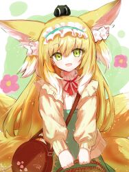 Rule 34 | absurdres, animal ear fluff, animal ears, arknights, bag, basket, black cat, blonde hair, blue hairband, blue skirt, brown bag, cardigan, cat, commentary, crossover, deyuaru, fox ears, fox girl, fox tail, frilled hairband, frills, green eyes, hair ornament, hair scrunchie, hairband, handbag, heixiu, high-waist skirt, highres, holding, holding basket, kitsune, kyuubi, long hair, long sleeves, looking at viewer, multicolored hair, multiple tails, neck ribbon, official alternate costume, open cardigan, open clothes, open mouth, puffy long sleeves, puffy sleeves, red ribbon, ribbon, scrunchie, shirt, shoulder bag, skirt, sleeve cuffs, stitches, suzuran (arknights), suzuran (spring praise) (arknights), tail, luo xiaohei zhanji, two-tone hair, white hair, white shirt, yellow cardigan