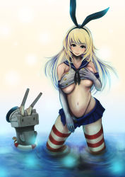 Rule 34 | 1girl, atago (kancolle), bad id, bad pixiv id, beret, blonde hair, blue eyes, breast hold, breasts, clothes pull, cosplay, elbow gloves, female focus, gloves, hairband, hat, highleg, highleg panties, highres, huge breasts, kantai collection, large breasts, long hair, looking at viewer, midriff, miniskirt, navel, panties, partially submerged, pecolondon, rensouhou-chan, school uniform, serafuku, shimakaze (kancolle), shimakaze (kancolle) (cosplay), skirt, skirt pull, smile, solo, standing, striped clothes, striped thighhighs, thighhighs, underboob, underwear, wading, water