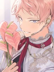 Rule 34 | 11942tm, 1boy, bead necklace, beads, commentary request, ensemble stars!, headset, highres, holding, itsuki shu, jewelry, korean commentary, light blush, looking at viewer, male focus, necklace, official alternate costume, pink hair, purple eyes, red ribbon, ribbon, short bangs, short hair, smile, solo, teeth, upper body