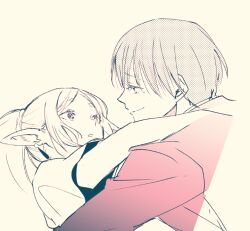 Rule 34 | 1boy, 1girl, arm around neck, closed mouth, commentary request, elf, eye contact, frieren, himmel (sousou no frieren), long hair, long sleeves, looking at another, mikki (asmp), monochrome, pointy ears, short hair, short sleeves, smile, sousou no frieren, spot color, thick eyebrows, upper body