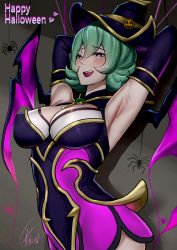 Rule 34 | absurdres, armpits, bewitching elise, black dress, black hat, black sleeves, blush, breasts, brown background, bug, detached sleeves, dress, elise (league of legends), green hair, halloween, hat, highres, large breasts, league of legends, pink dress, pink wings, short hair, signature, smile, solo, spider, two-tone dress, two-tone headwear, two-tone wings, upper body, wei miao, wings