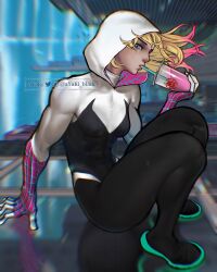 Rule 34 | 1girl, abs, artist name, ayaki blade, blue eyes, building, cup, drinking straw, english text, gwen stacy, hand on window, highres, holding, holding cup, hood, hood up, long sleeves, looking at viewer, marvel, medium hair, multicolored hair, muscular, muscular female, solo, spider-gwen, spider-man (series), thighs, tight clothes, twitter username, two-tone hair