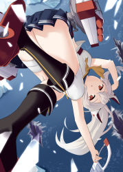Rule 34 | 1girl, absurdres, arms up, ass, ayanami (azur lane), azur lane, bandaged leg, bandages, bent over, commentary request, falling, from below, hair between eyes, headgear, highres, knees together feet apart, long hair, looking at viewer, looking down, machinery, midriff, orange eyes, parted lips, pleated skirt, ponytail, school uniform, serafuku, sidelocks, silver hair, skirt, sleeveless, solo, sword, taki tohko, torpedo tubes, weapon