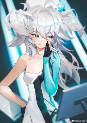 Rule 34 | 1girl, absurdres, ahoge, black gloves, blue dress, blue eyes, breasts, dress, fang, florence (neural cloud), girls&#039; frontline, girls&#039; frontline neural cloud, gloves, grey hair, hair between eyes, hand on own hip, hat, highres, holding, holding syringe, long hair, messy, mingyin akn, nurse cap, pa-15 (girls&#039; frontline), single bare shoulder, skin fang, small breasts, smile, solo, syringe, two-tone dress, white dress