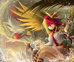 Rule 34 | 1girl, aged up, animal, animal on head, arms up, bare shoulders, bird, bird on head, bird wings, blonde hair, bracelet, chicken, commentary request, crossed legs, detached sleeves, dress, feet out of frame, frown, hair between eyes, highres, ishida kazuma, jewelry, layered dress, looking at viewer, multicolored hair, niwatari kutaka, on head, oversized animal, red eyes, red hair, red neckwear, scarf, sitting, solo, splashing, strapless, strapless dress, touhou, two-tone hair, water, water drop, wings