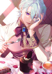 Rule 34 | 1boy, :p, absurdres, aqua nails, argyle, argyle background, argyle clothes, asymmetrical bangs, blue gemstone, blue hair, bow, bowtie, brooch, cake, chocolate cake, cup, food, fork, gem, hair between eyes, hanaco (hanaco 1230), hand on own face, head rest, highres, holding, holding fork, jacket, jewelry, lens flare, light blue hair, light particles, looking at viewer, male focus, multicolored clothes, multicolored jacket, original, patterned clothing, pectorals, petals, pink jacket, plate, purple bow, purple bowtie, purple eyes, rose petals, saucer, short hair, sleeve cuffs, solo, table, tea, teacup, tongue, tongue out, two-tone jacket, uneven eyes, upper body, white jacket