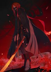 Rule 34 | 1boy, alternate costume, fate/grand order, fate (series), flower, foreshortening, full body, glowing, glowing eye, high heels, highres, holding, holding sword, holding weapon, katana, kodamazon, long hair, long sleeves, looking at viewer, male focus, oda nobukatsu (fate), petals, ponytail, red eyes, red hair, red theme, sidelocks, solo, spider lily, sword, weapon
