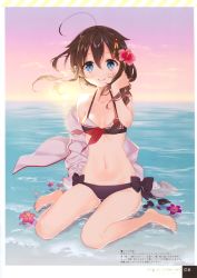 Rule 34 | 1girl, absurdres, ahoge, bare shoulders, bikini, blush, braid, breasts, closed mouth, collarbone, hair ornament, highres, huge filesize, kantai collection, lips, naoto (tulip), navel, outdoors, partially submerged, shigure (kancolle), simple background, single braid, sitting, small breasts, solo, stomach, sunset, swimsuit, wariza, water