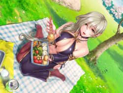 Rule 34 | 1girl, bare shoulders, bento, blush, breasts, can, choker, chopsticks, cleavage, day, earrings, feet, female focus, food, from above, fruit, grass, hair between eyes, holding, holding chopsticks, jewelry, katejina (taimanin asagi), large breasts, legs, light brown hair, looking at viewer, mole, mole under eye, nail polish, navel, open mouth, outdoors, pantyhose, pink nails, pointy ears, sano toshihide, sitting, sky, smile, solo, strawberry, taimanin (series), taimanin asagi kessen arena, taimanin rpgx, thighs, towel, tree, yellow eyes