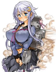 Rule 34 | 10s, 1girl, blue eyes, blush, breasts, covered erect nipples, crescent, crescent hair ornament, female focus, frilled skirt, frills, full-face blush, hair ornament, kantai collection, large breasts, light purple hair, long hair, long sleeves, machinery, midriff, navel, perky breasts, ribbon, sachito, school uniform, serafuku, short hair with long locks, sidelocks, simple background, skirt, solo, standing, sweatdrop, white background, yayoi (kancolle)