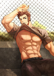 Rule 34 | 1boy, abs, absurdres, armpits, belt, biceps, blue eyes, brown belt, brown hair, brown pants, brown shirt, casual, clothes in mouth, clothes lift, cross scar, fate/grand order, fate (series), fence, hand in own hair, highres, large pectorals, lifted by self, long sideburns, looking at viewer, male focus, mouth hold, muscular, muscular male, nanyu1998, napoleon bonaparte (fate), on bench, pants, pectorals, scar, scar on chest, shirt, shirt in mouth, shirt lift, sideburns, sitting, solo, topless male