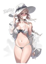 Rule 34 | 1girl, absurdres, bianca (punishing: gray raven), bra, braid, braided ponytail, breasts, cameltoe, commentary request, dated, hat, highres, holding, holding key, key, large breasts, light brown hair, navel, open clothes, open shirt, ponytail, punishing: gray raven, shirt, signature, swimsuit, taotao bujue, underwear, white background, white bra, white hat, white shirt, white swimsuit