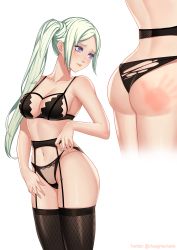 Rule 34 | 1girl, adjusting clothes, adjusting panties, ass, bare arms, bare hips, bare shoulders, black bra, black panties, black thighhighs, blush, bra, breasts, chungmechanic, cleavage, collarbone, commentary request, cowboy shot, edelgard von hresvelg, embarrassed, fire emblem, fire emblem: three houses, forehead, frontal wedgie, garter belt, highres, long hair, looking away, looking back, medium breasts, multiple views, navel, nintendo, panties, parted lips, polka dot, polka dot bra, polka dot panties, purple eyes, side ponytail, silver hair, slap mark, stomach, thighhighs, torn clothes, torn panties, twitter username, underwear, underwear only, wedgie