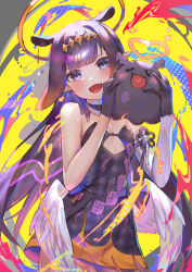 Rule 34 | 1girl, absurdres, blunt bangs, blush, closed mouth, dress, elbow gloves, feathered wings, gloves, heart, highres, holding, hololive, hololive english, kouhiipan, long hair, low wings, ninomae ina&#039;nis, ninomae ina&#039;nis (1st costume), open mouth, purple eyes, purple hair, smile, takodachi (ninomae ina&#039;nis), tentacle hair, virtual youtuber, white gloves, wings