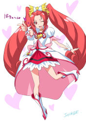 Rule 34 | 1girl, :d, alternate hairstyle, artist name, blush, boots, bow, brooch, choker, clearite, cure ace, dokidoki! precure, dress, hair bow, heart, heart background, heart brooch, joy ride, long hair, madoka aguri, magical girl, one eye closed, open mouth, pointing, precure, red eyes, red hair, red skirt, skirt, smile, solo, twintails, wink