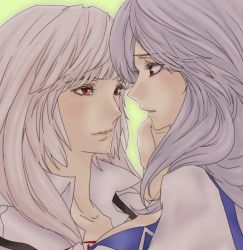 Rule 34 | 2girls, bad id, bad pixiv id, close-up, eye contact, female focus, fujiwara no mokou, hand on another&#039;s cheek, hand on another&#039;s face, highres, kamishirasawa keine, light smile, looking at another, multiple girls, poruhi, touhou, white hair, yuri