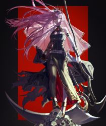 Rule 34 | armlet, asymmetrical legwear, asymmetrical sleeves, bare shoulders, belt, bracer, breasts, cape, cleavage, collar, detached sleeves, dress, high heels, highres, hololive, hololive english, long hair, looking at viewer, mori calliope, mori calliope (1st costume), pink hair, quasarcake, red eyes, scythe, skull, spiked collar, spikes, thighhighs, tiara, veil, virtual youtuber, weapon, white belt