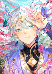 Rule 34 | 1boy, absurdres, ahoge, antlers, bishounen, blue eyes, blue sky, bug, butterfly, cherry blossoms, commentary, earrings, ensemble stars!, falling petals, field, flower, flower field, grey hair, hair between eyes, hand up, highres, horns, insect, jewelry, light particles, looking at viewer, male focus, parted lips, petals, portrait, sena izumi (ensemble stars!), short hair, sky, smile, solo, sparkle, user mayx3335