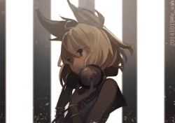 Rule 34 | 1girl, backlighting, bad id, bad twitter id, blonde hair, bracelet, brown eyes, cinkai, dated, expressionless, from side, headphones, headphones removed, jewelry, pointy hair, sleeveless, solo, touhou, toyosatomimi no miko, twitter username