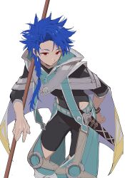 Rule 34 | 1boy, asymmetrical bangs, blue hair, bodysuit, bodysuit under clothes, bracelet, braid, braided ponytail, capelet, child, cowboy shot, cu chulainn (fate), dagger, earrings, fate/grand order, fate (series), holding, holding polearm, holding weapon, hood, hooded capelet, jewelry, knife, long hair, looking at viewer, male focus, polearm, puffy pants, red eyes, setanta (fate), sheath, sheathed, simple background, solo, sunanogimo, weapon, white background