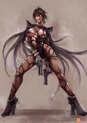 Rule 34 | 1girl, adapted costume, alternate hair length, alternate hairstyle, amulet, armor, bayonetta, bayonetta (series), bayonetta 2, black hair, bodysuit, breasts, cape, contrapposto, detached sleeves, dissolving clothes, earrings, full body, glasses, gloves, gun, handgun, high heels, jewelry, kachima, large breasts, lips, lipstick, long legs, looking at viewer, makeup, mole, mole under mouth, narrow waist, opaque glasses, pauldrons, revealing clothes, short hair, shoulder armor, solo, standing, torn bodysuit, torn clothes, weapon, white gloves